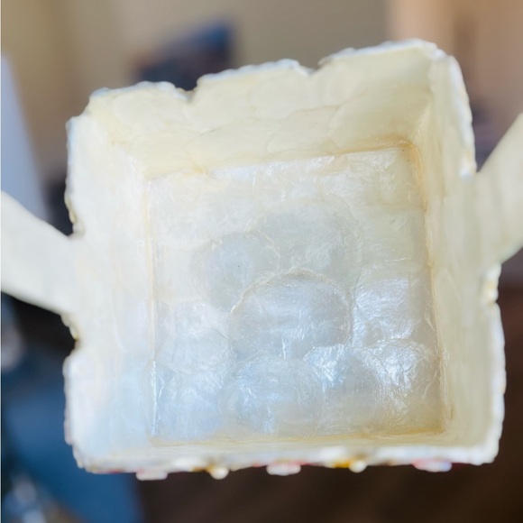 MacKenzie-Childs Capiz Shell Basket Sky Blue Gingham Floral Handle Retired Rare - Picture 3 of 6